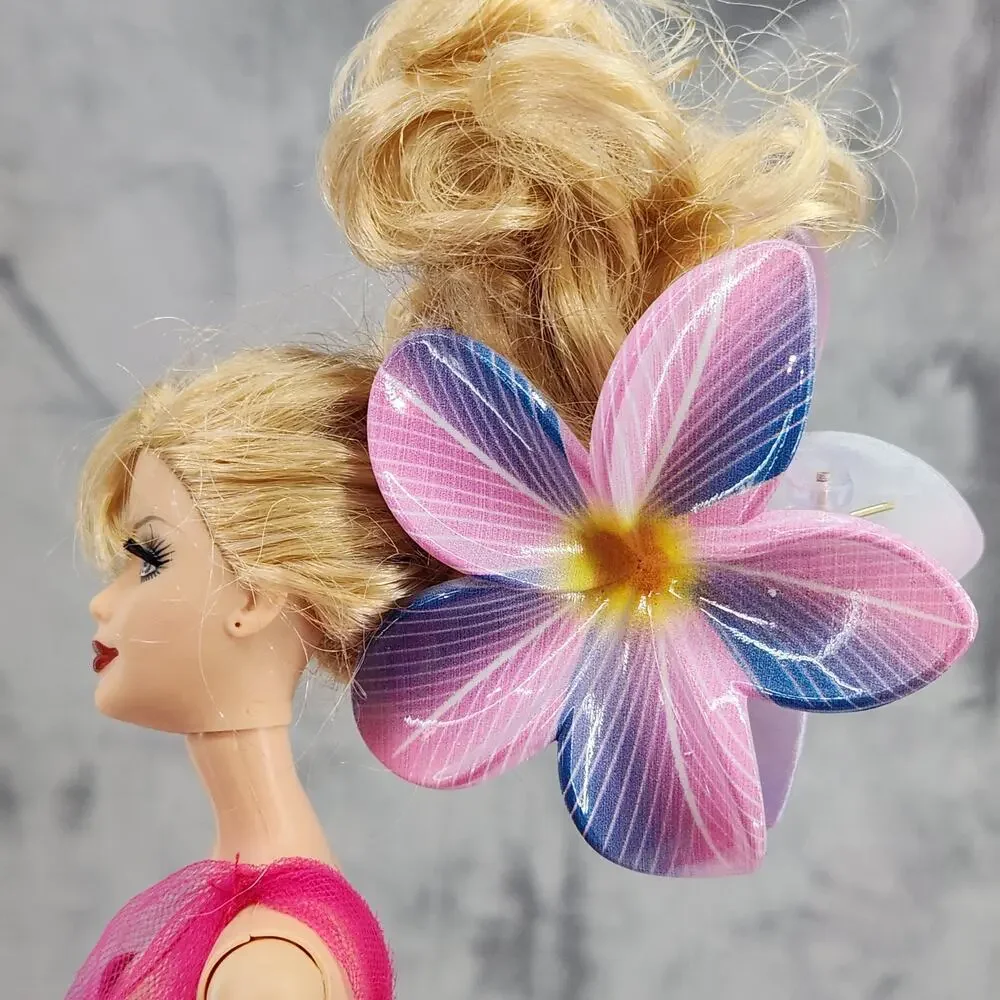 3 pc Hawaiian Flower Claw Clip Set - Hair Accessories Purple & Pink Plumeria